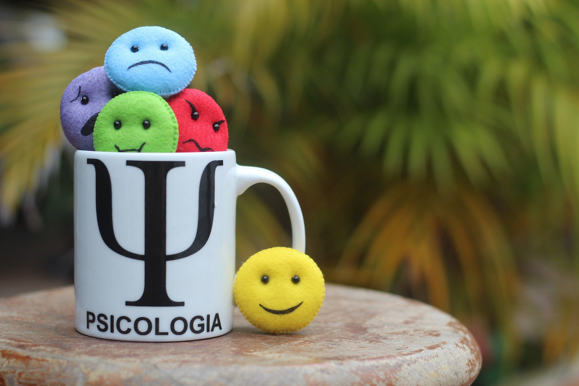 Photo d'une tasse avec le symbole de la psychologie dans laquelle se trouve des émoticônes qui représentent les émotions